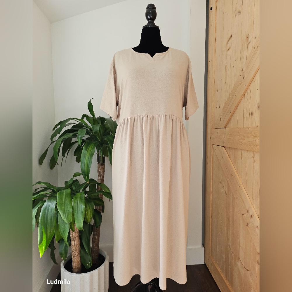 DESIGNER YAO No Size (Ptp: 26‎ in) Women's Tan Cotton/Linen Blend Summer Dress